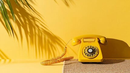 Retro Minimalist Composition with Yellow Rotary Phone on Elegant Tabletop in Bright Diffused...