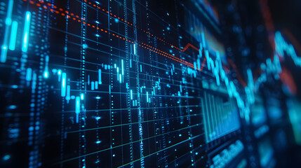 Obraz premium A blue stock exchange market graph displayed on an LED screen for business analysis, 