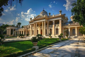 A neoclassical mansion with a central dome standing elegantly in the middle of a vast green lawn, Imagine a neoclassical palace with a central dome and porticos on each side
