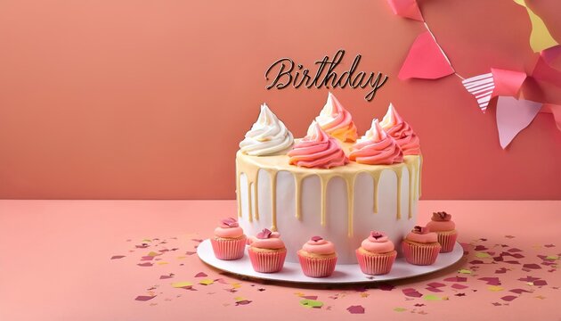 A festive birthday cake decorated with frosting and colorful cupcakes, perfect for celebrations and special occasions.