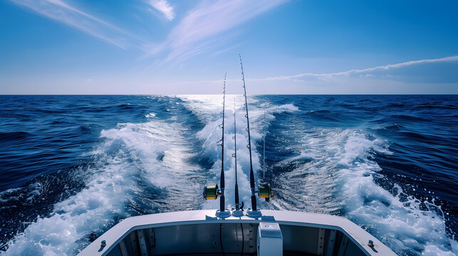 A panoramic view of a boat fishing while trolling in the blue sea, complete with rods and reels.