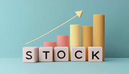 Colorful stock market growth graph with blocks displaying the word 'STOCK' and an upward arrow, symbolizing financial progress.