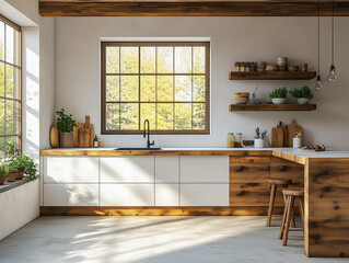 Fototapeta premium Top view of stylish kitchen with white and wooden walls, concrete floor and white and wooden cupboards