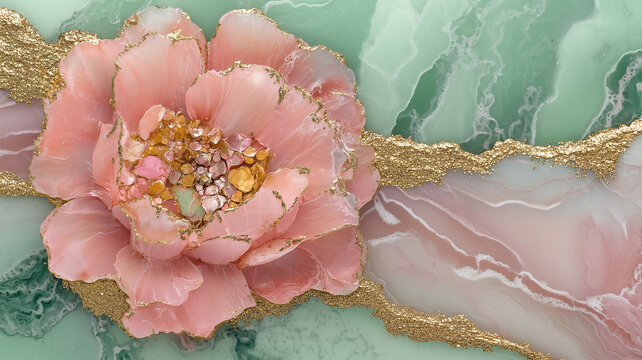 A luxurious flower theme background pink, green, rose texture made with alcohol ink, gold leading edge - pink, green and metallic gold - gemstone inlay with marble striations - turquoise accent