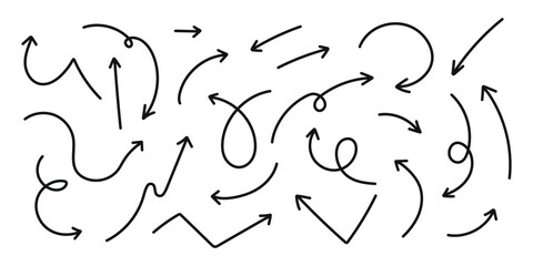 Set of hand drawn vector arrows doodle on white background.  Doddle arrow set.  Stock vector.