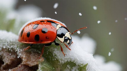 ladybugs, in snowy nature with blurry background for wallpaper, banner, poster, cover