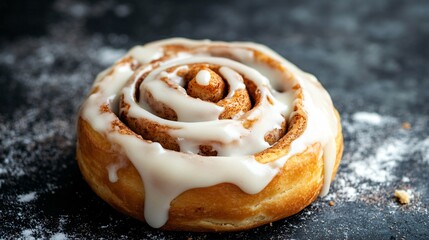 A cinnamon roll with a generous drizzle of cream cheese frosting, placed on a dark charcoal concrete surface, the white frosting creating a striking contrast