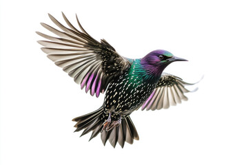 Obraz premium A starling mid-flight, iridescent feathers shimmering.