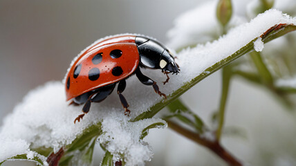 ladybugs, in snowy nature with blurry background for wallpaper, banner, poster, cover