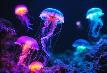 neon lighting jellyfish under the sea