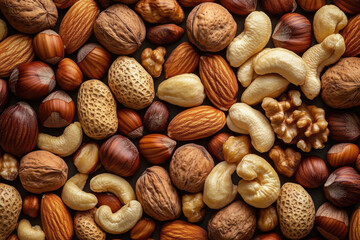 An array of nuts forms a rich, textured, and earthy background.