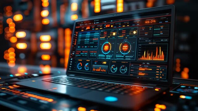 Advanced Data Analysis with Modern Technology: Detailed Financial Metrics and Graphs Displayed on Laptop Screen in a Dynamic High-Tech Environment, Night Scene