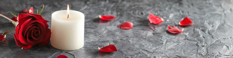 Fototapeta premium Funeral banner with a white candle burning beside a red rose and petals on a dark gray granite background. Text area available.