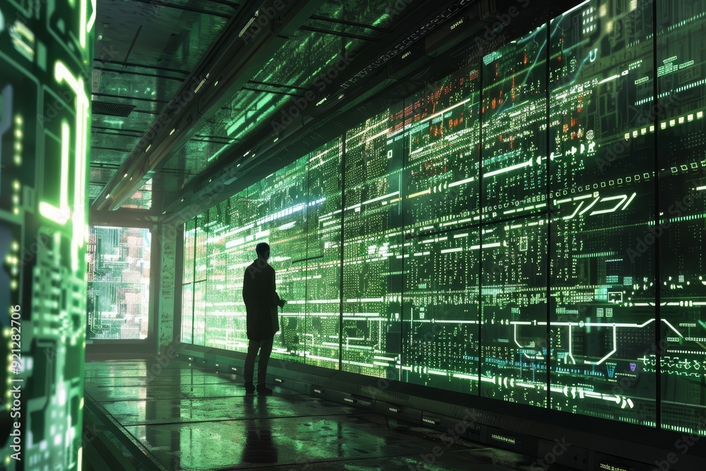 Poster a man stands in front of a computer screen, focusing on the display, imagine a world where personal 
