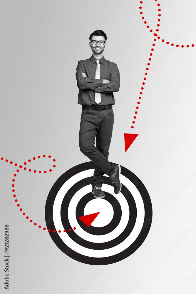 Poster vertical composite illustration image creative photo collage of confident successful man stand on ta