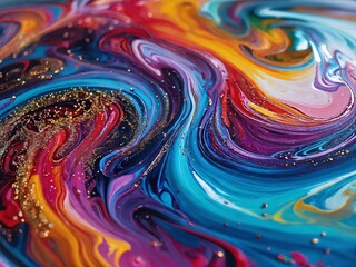 Vivid abstract swirling patterns created with colorful paint and glitter