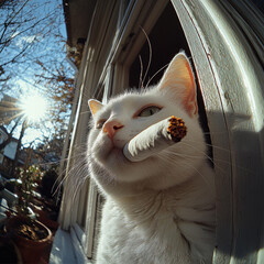 Fish-Eye Lens Close-Up of a Cat with a Cigarette in an Urban Setting