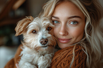 A cozy indoor scene of a woman bonding with her small white dog, capturing a moment of affection and warmth. The natural light enhances the intimate setting, with subtle background elements