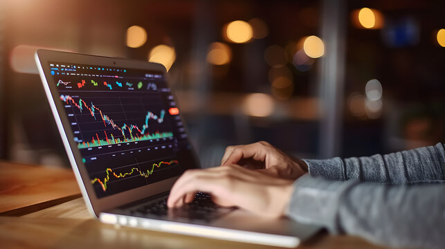 A broker analyzing stock market graphs on a laptop, focused on investment and trading stocks.