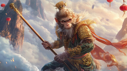 Epic depiction of Sun Wukong, the Monkey King, from Chinese mythology, wielding his golden staff amidst clouds and red lanterns