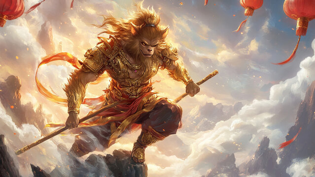 Epic depiction of Sun Wukong, the Monkey King, from Chinese mythology, wielding his golden staff amidst clouds and red lanterns
