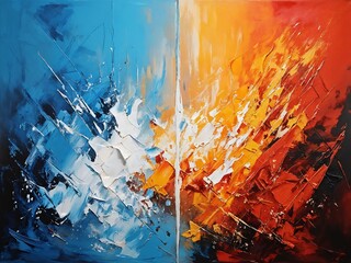 Dynamic abstract artwork with contrasting blue and orange colors depicting energy at art gallery exhibition