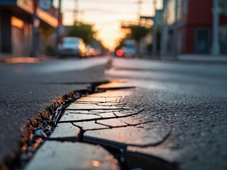 Cracked pavement on urban street during sunset highlighting urban decay and infrastructure issues