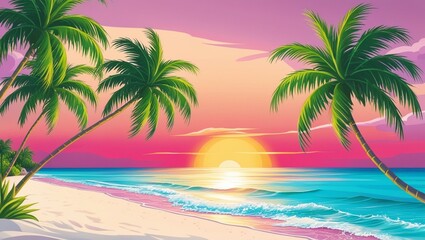 Obraz premium Tranquil Sunset on a Tropical Beach with Palm Trees and Turquoise Waters