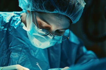 close-up portrait of a  woman surgeon performing a medical operation