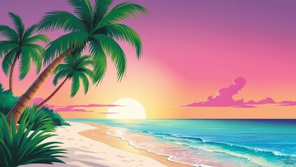 Golden Hour on a Serene Island Shoreline with Swaying Palms