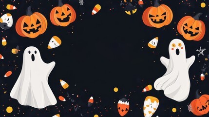 Halloween greeting card with ghosts, pumpkins, bats on black background, mockup for Halloween card