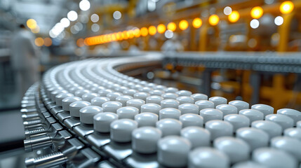 Obraz premium 3D Illustration of a Conveyor Belt with White Pills