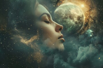 Close-up of a womans face against a backdrop of the moon and stars in the night sky, Imagining a world where women are treated as equals in all spheres of life