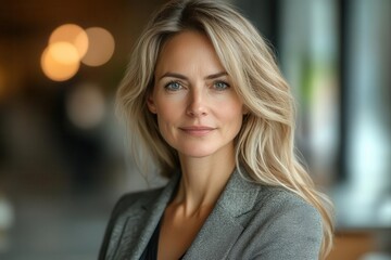 Obraz premium portrait of a 50yearold german businesswoman working in a modern office professional attire and focused expression convey experience and dedication
