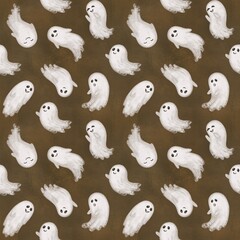 Halloween cute cartoon ghost seamless pattern, white hand draw smiling ghost, boo, hello autumn, thanks giving party paper, vintage old style 