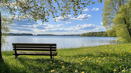 Obraz premium A peaceful park bench overlooking a serene lake surrounded by lush greenery and dandelions under a bright blue sky