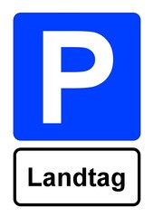 Illustration eines blauen Parkplatzschildes mit der Aufschrift "Landtag"