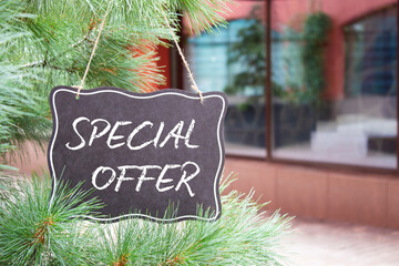 Special Offer symbol. Concept word Special Offer on black chalk background. Beautiful background...
