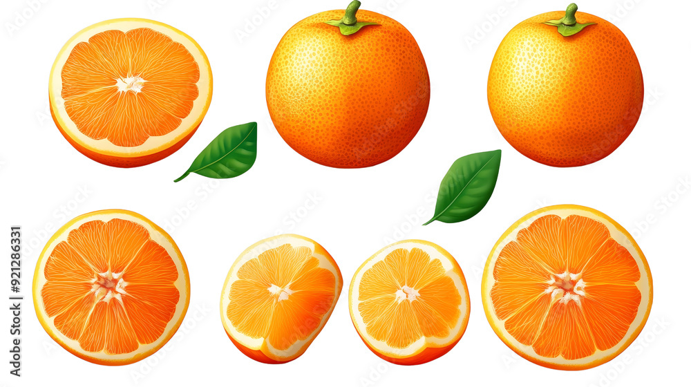 Sticker A group of oranges, some whole, some sliced in half, with green leaves, symbolizing freshness, health, vitamins, citrus, and summer, isolated on transparent background.