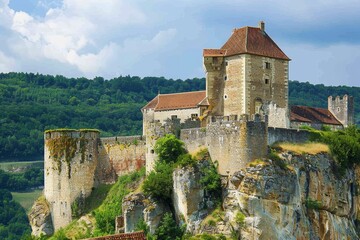 Naklejka premium A castle stands proudly atop a rugged cliff overlooking the landscape below, Immersing yourself in the rich history of a medieval castle