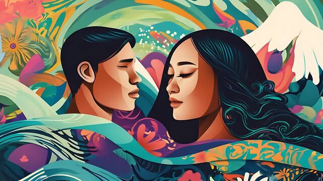 A beautiful pacific islandic girl and asian man on background waves in tropical colors and asian patterns, banner for Asian American and Pacific Islander Heritage Month