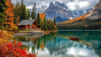 Picturesque autumn scene featuring a cozy wooden cabin by a crystal-clear lake with a reflection of vibrant fall foliage and snow-capped mountains