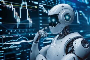 Fototapeta premium A robot stands in front of a bustling stock market, analyzing data for automated trading algorithms, Implementing trading algorithms for automated trading