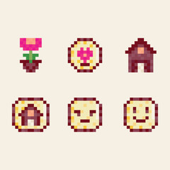 Obraz premium Set, collection of pixel icons, symbols. Flower, emoji, house, heart. Vector illustration.