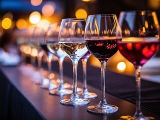 An elegant display of various wine glasses at a festive outdoor gathering during evening hours