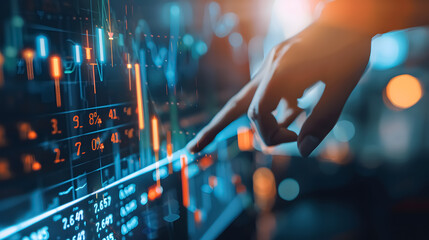 A business person interacting with charts and diagrams on a stock market screen.