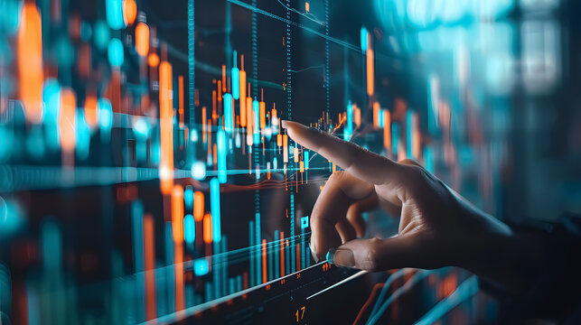 A business person interacting with charts and diagrams on a stock market screen.