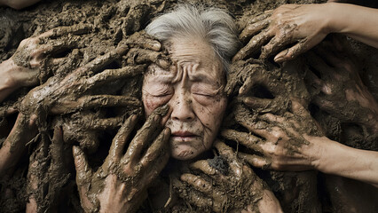 Surreal and emotional depiction of an elderly woman covered in mud and roots, surrounded by reaching hands in a powerful symbolic scene