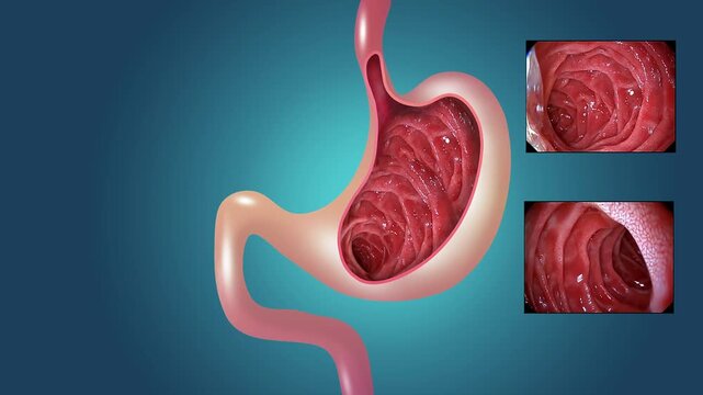2D animation. Gastric mucosa. Digestive endoscopy or gastroscopy. Stomach health. Medical concept. Human body anatomy stomach animation