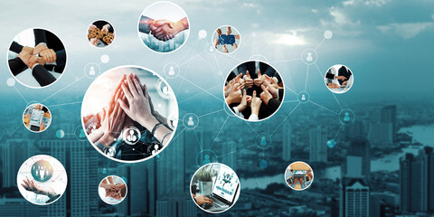 Teamwork and human resources HR management technology concept in corporate business with people group networking to support partnership, trust, teamwork and unity of coworkers in office kudos